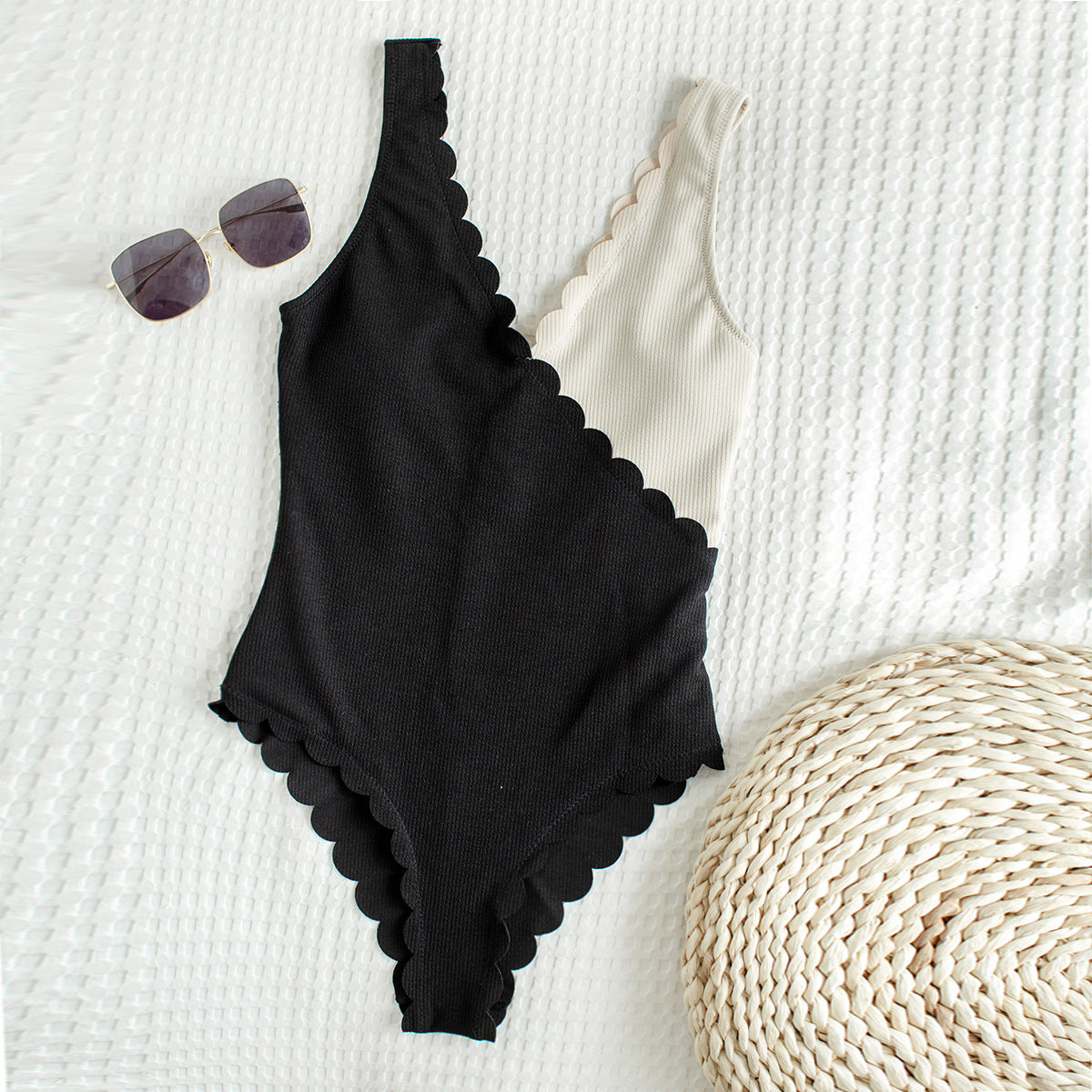 Black and white bubbled edge swimsuit