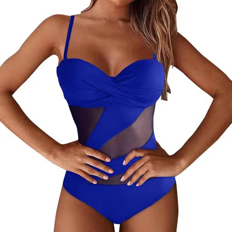 Solid Women's Mesh Panel Cut-out Swimwear