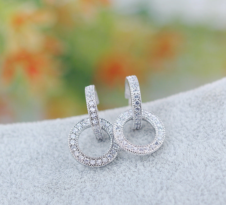 Temperament Wild Silver Needle Inlaid Zircon Circle Earrings