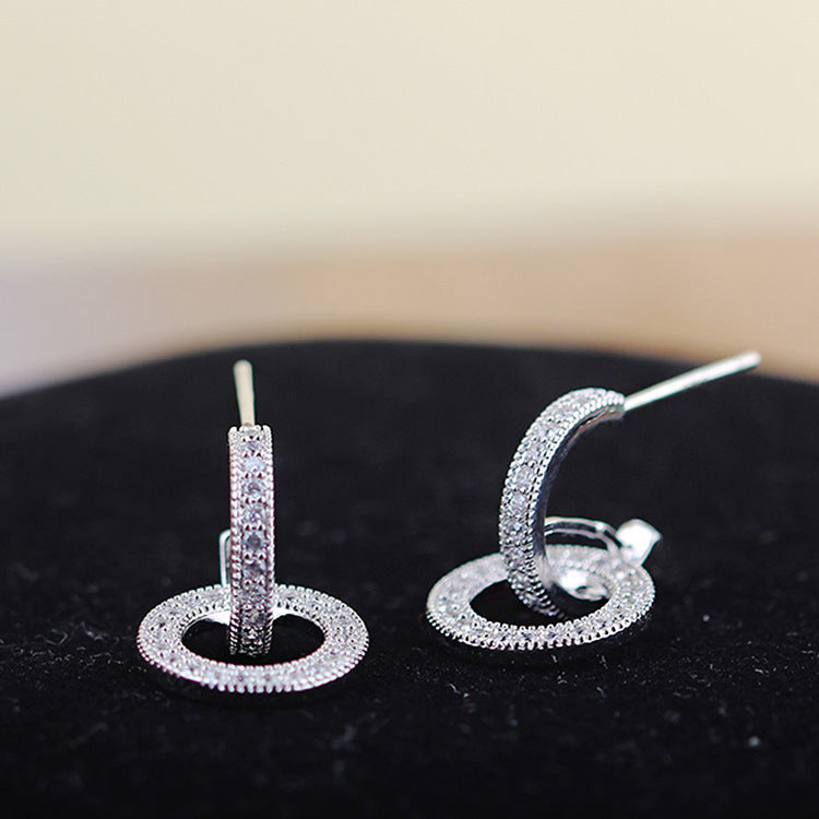 Temperament Wild Silver Needle Inlaid Zircon Circle Earrings