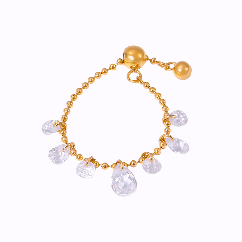 Pearl Chain Crystal Stone Pendant Titanium Steel Gold Plated Ring