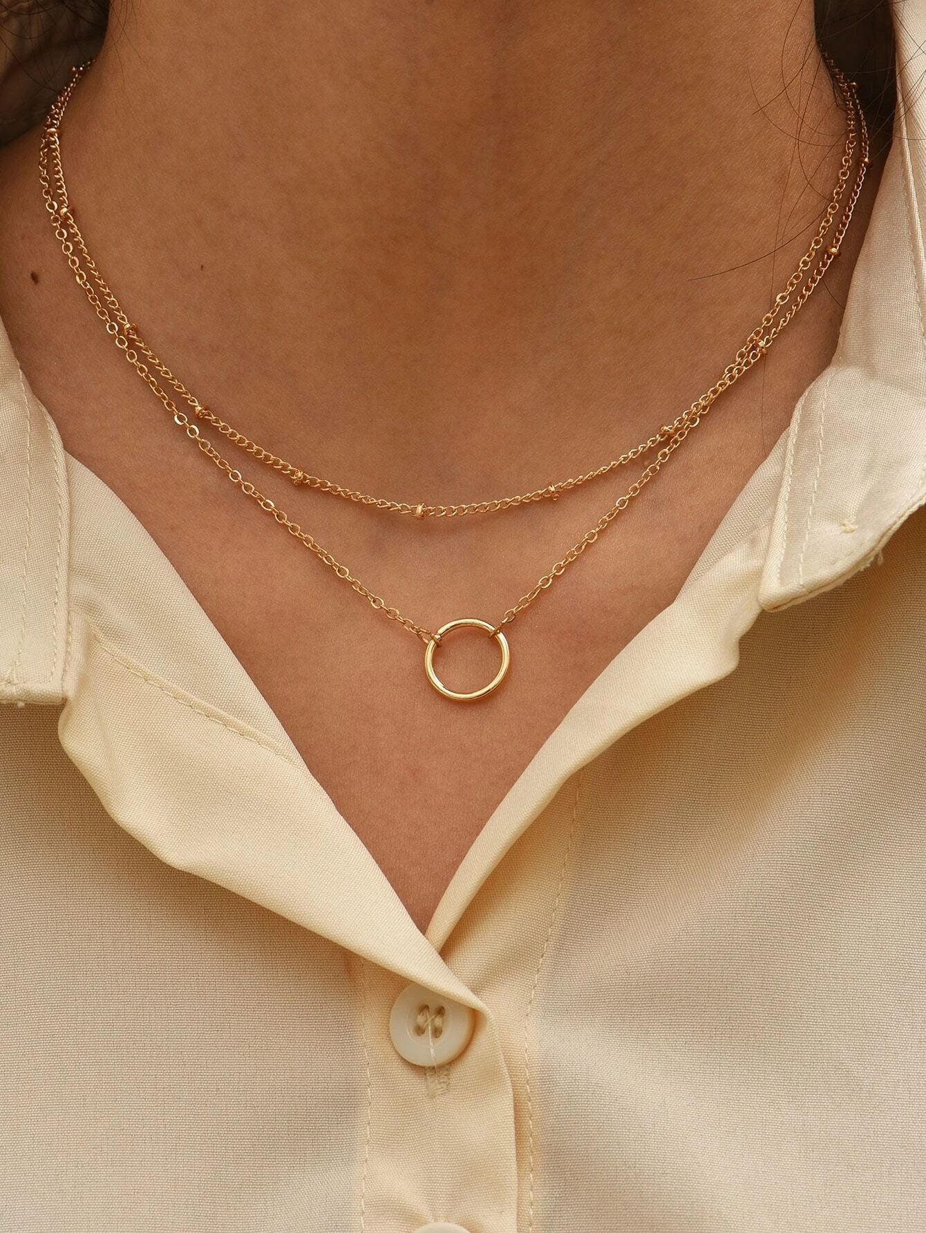 Round Ring Pendant Multi-layer Chain